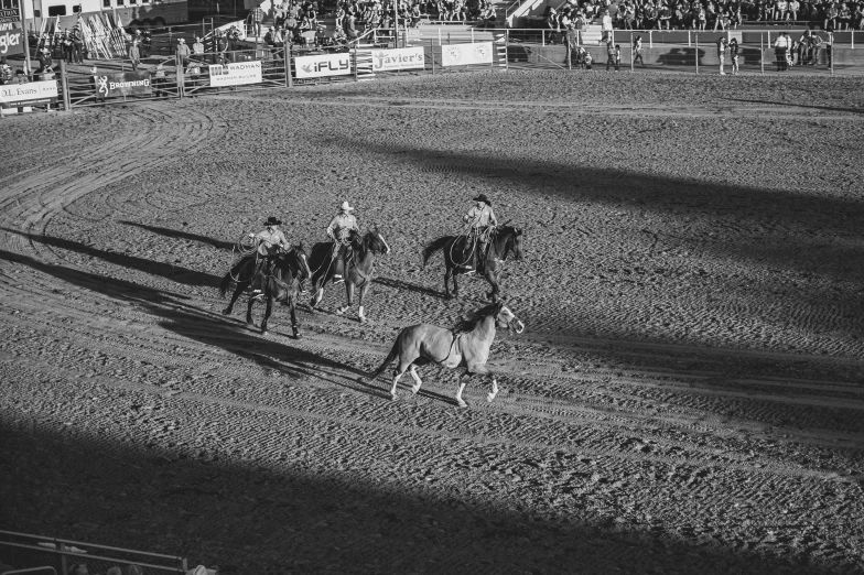 a group of people riding on the backs of horses, a black and white photo, by Lynn Pauley, figuration libre, in the middle of an arena, 4k greyscale hd photography, square, lasso