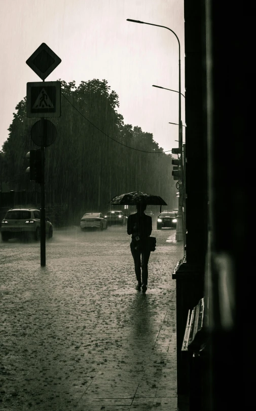 a person walking in the rain with an umbrella, in the middle of the street, documentary photo, moscow, unsplash photography
