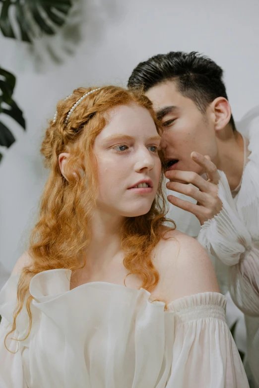 a man standing next to a woman in a white dress, inspired by Lucas Cranach the Elder, trending on pexels, renaissance, sophia lillis, licking out, wlop and ross tran, headshot