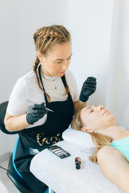 a woman getting her hair done at a salon, an airbrush painting, by Gavin Hamilton, trending on pexels, mannerism, eyebrow scar, on white, aerial iridecent veins, lachlan bailey
