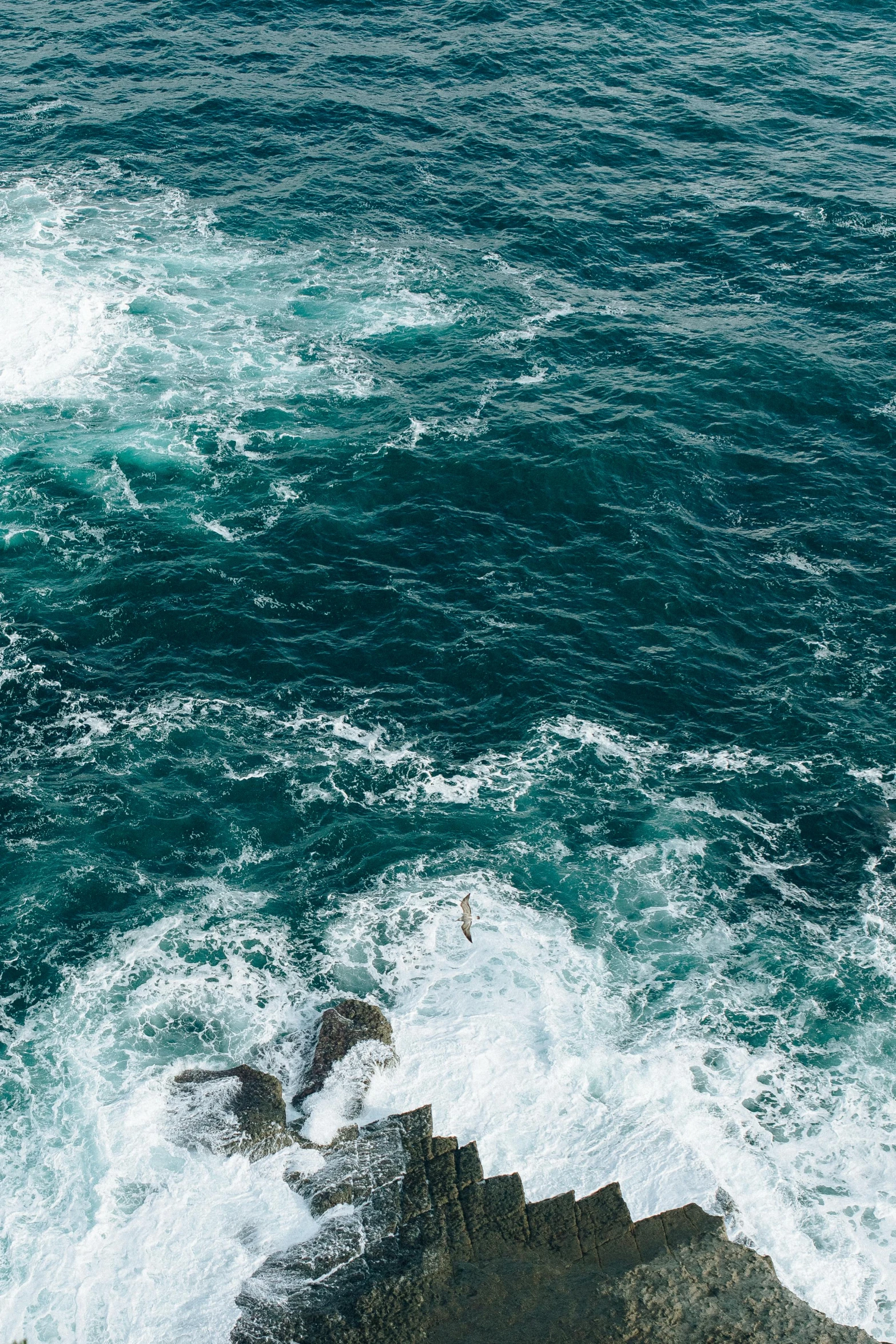 a man standing on top of a cliff next to the ocean, pexels contest winner, minimalism, whirlpool, close-up from above, dolphins jumping, violent stormy waters