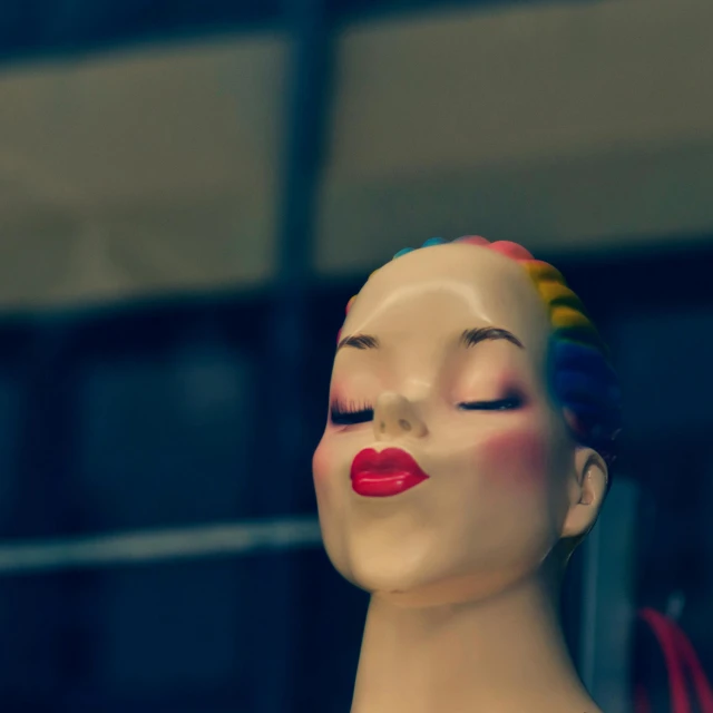 a mannequin head sitting in front of a window, pexels contest winner, pop art, lipstick, colorful pigtail, kissing smile, cross section of mannequin head