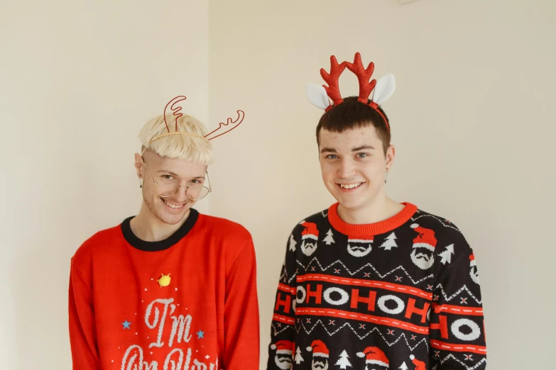 two people wearing ugly ugly ugly ugly ugly ugly ugly ugly ugly ugly ugly ugly ugly ugly ugly, pexels, antlers, two young men, wearing festive clothing, low quality photo