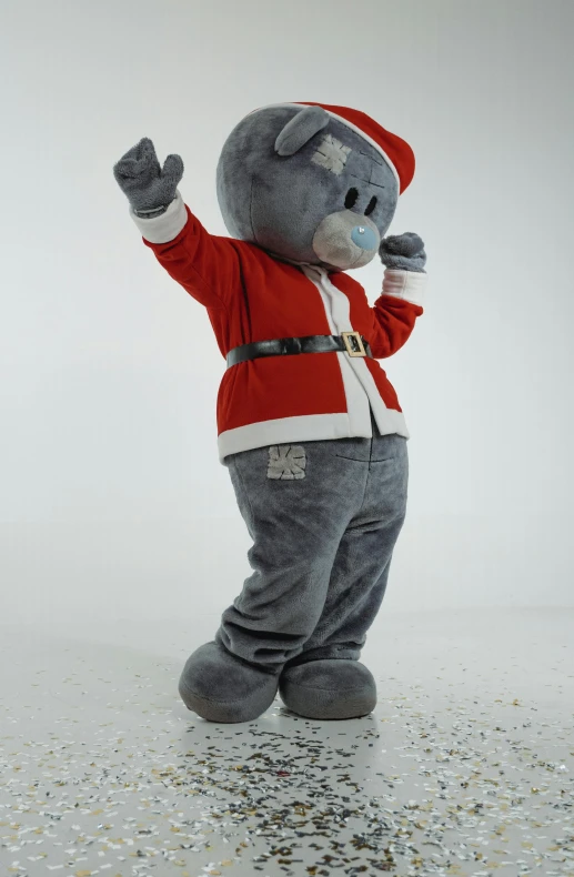 a close up of a person in a mascot costume, grey, santa, teddy fresh, high-quality photo