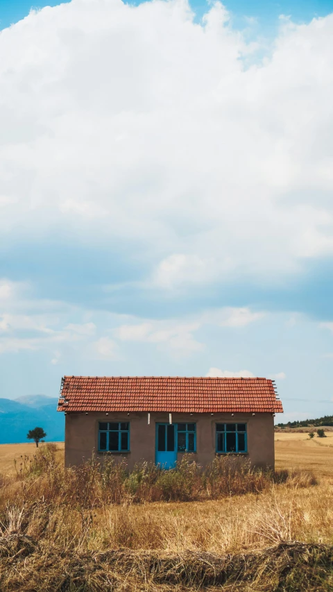 a small house in a field with mountains in the background, by Lucia Peka, pexels contest winner, minimalism, turkey, panorama view, 15081959 21121991 01012000 4k, front portrait