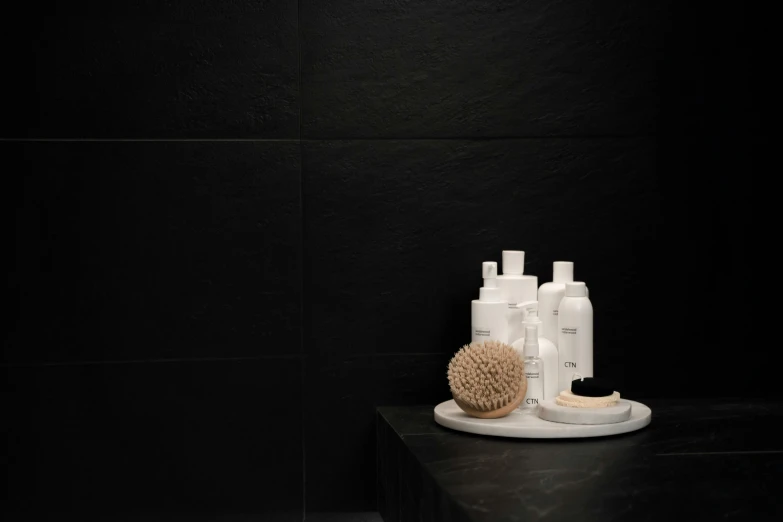 the bathroom is clean and ready to use, by Dietmar Damerau, reddit, black ambient background, textured base ; product photos, nordic noire, spa