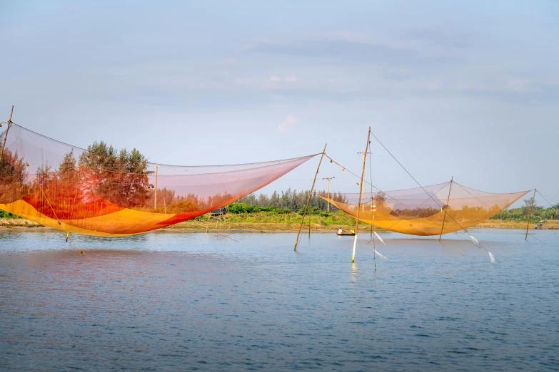 a couple of hammocks sitting on top of a body of water, by Eglon van der Neer, pexels contest winner, environmental art, fish seafood markets, zezhou chen, panoramic, promo image