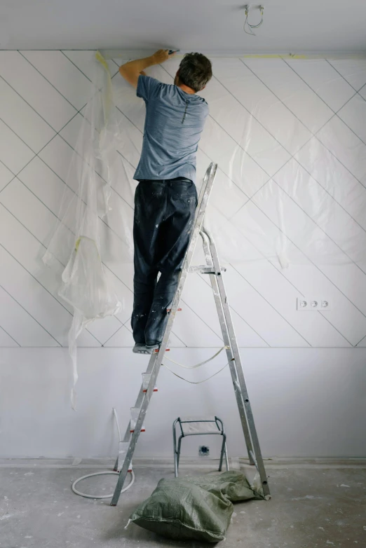 a man that is standing on a ladder, a hyperrealistic painting, trending on pexels, tulle and lace, wiring, gif, white room