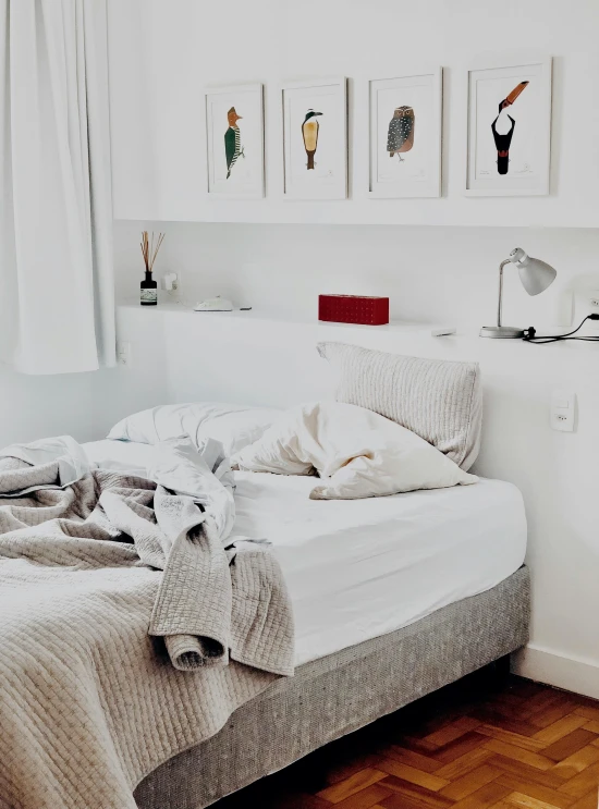 a bed sitting in a bedroom next to a window, pexels contest winner, visual art, white background, background image, grey, low lighting