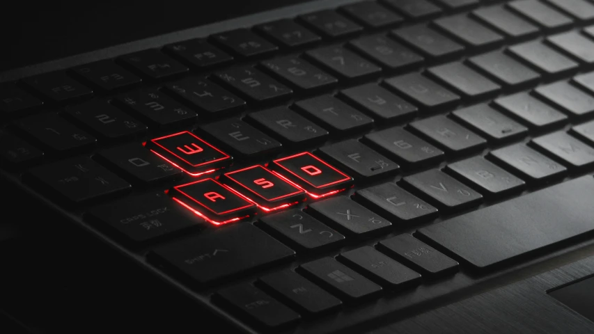 a close up of a keyboard with a red light, all black matte product, volumetric dynamic lighting, dark metal, chromatic