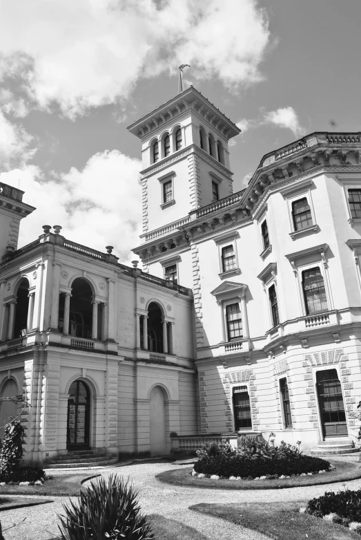 a black and white photo of a large building, a black and white photo, inspired by Sydney Prior Hall, baroque, huge mansion, summer 2016, military buildings, bath