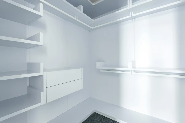 a walk in closet with white shelvings and shelves, a 3D render, inspired by Donald Judd, unsplash, 3 d render n - 9, space station interior, ue4, trending on mentalray