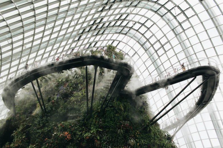 a very tall building with a bunch of plants on top of it, inspired by Thomas Struth, pexels contest winner, environmental art, swirling mist, inside a dome, set on singaporean aesthetic, steamy