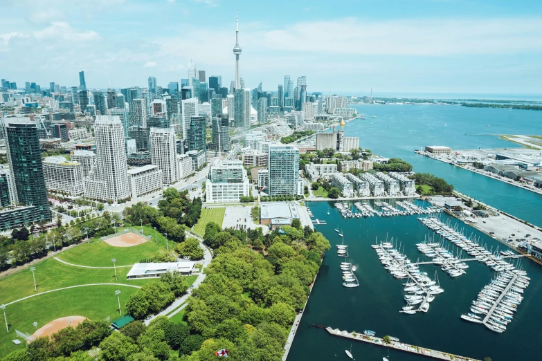 a harbor filled with lots of boats next to tall buildings, pexels contest winner, cn tower, aerial, a park, instagram post