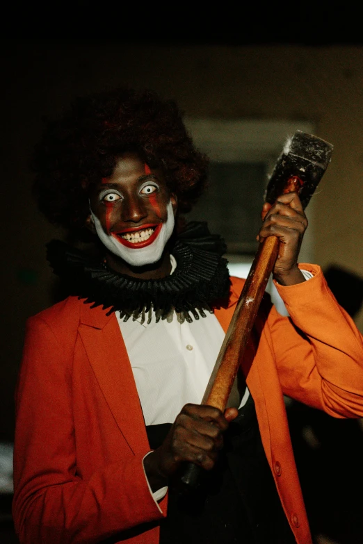 a man dressed as a clown holding a baseball bat, an album cover, by Jan Tengnagel, happening, ( ( dark skin ) ), halloween night, to