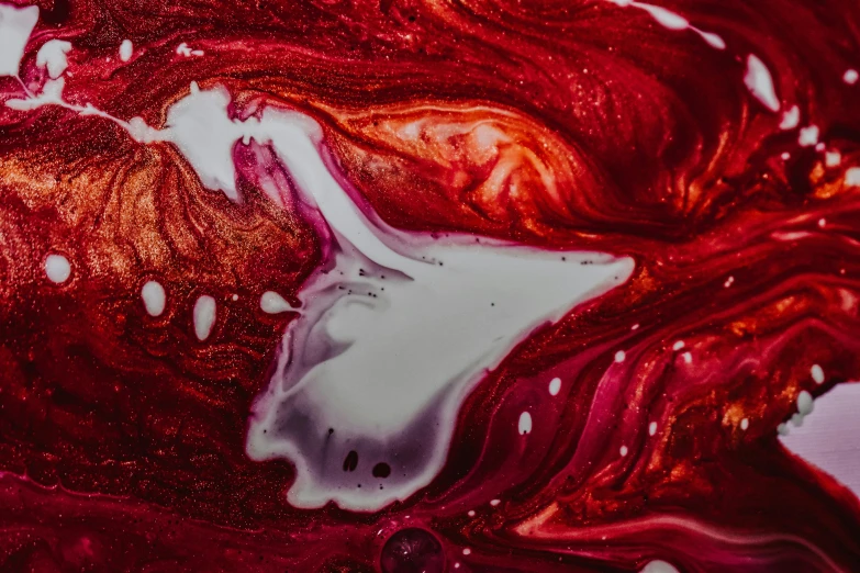 a close up of a red and white painting, a detailed painting, inspired by Anish Kapoor, trending on pexels, abstract expressionism, made of liquid purple metal, candy apple, alcohol ink art, maroon