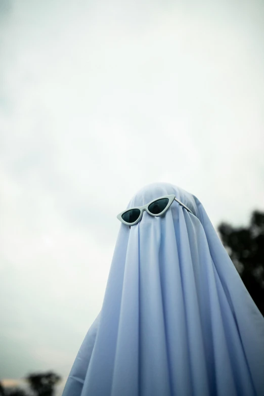 a person dressed as a ghost with sunglasses, inspired by Elsa Bleda, unsplash, hijab, made of fabric, overcast, low-angle shot