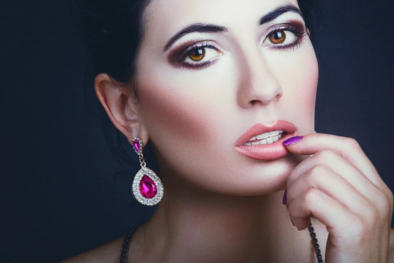 a close up of a woman with a necklace and earrings, a portrait, trending on pixabay, arabesque, magenta colours, photoshoot for skincare brand, elegant photorealistic, large full lips