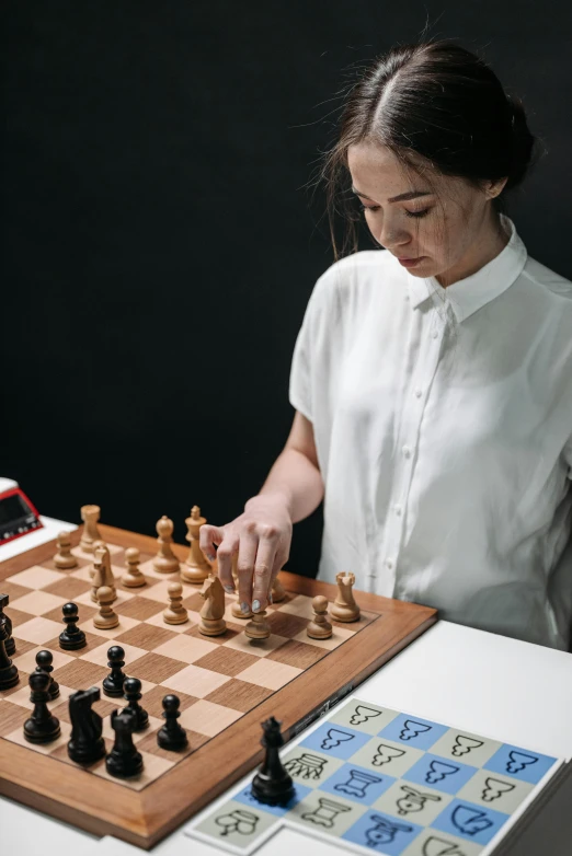 a woman is playing a game of chess, an album cover, inspired by Zhang Shuqi, unsplash contest winner, 15081959 21121991 01012000 4k, greta thunberg, medium closeup, sports