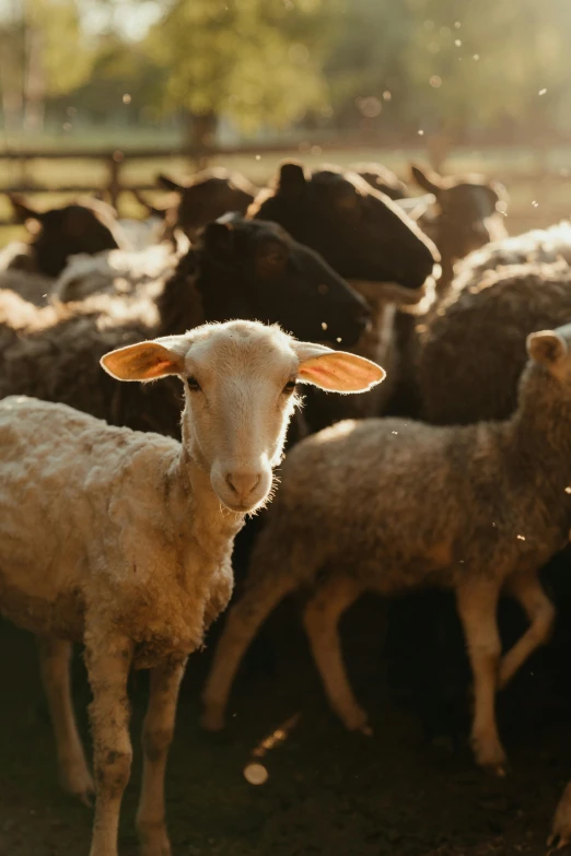 a herd of sheep standing on top of a lush green field, up-close, at the golden hour, fair skinned, ignant