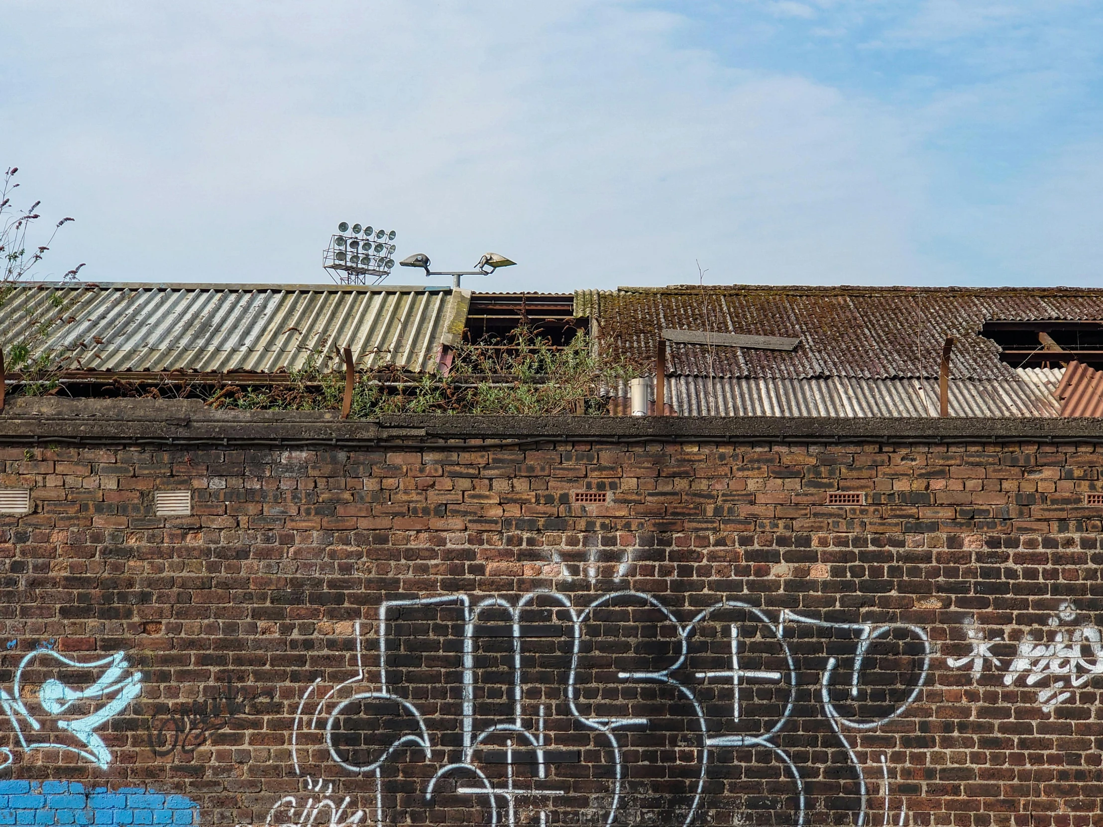 a fire hydrant in front of a brick wall with graffiti on it, inspired by Banksy, unsplash, graffiti, roof with vegetation, distant view, satellite dishes, panoramic shot