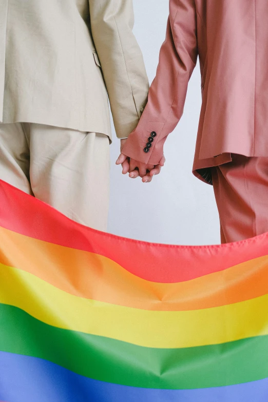 two people holding hands in front of a rainbow flag, by Julia Pishtar, renaissance, promo image, well - dressed, on a pale background, 🚿🗝📝