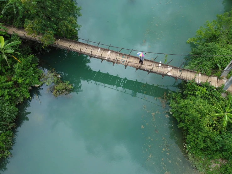 a couple of people walking across a bridge over a river, hurufiyya, view from the sky, avatar image, jamaica, highly upvoted