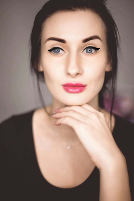 a woman posing for a picture with her hand on her chin, a colorized photo, trending on pexels, sexy eyes, 🤤 girl portrait, ekaterina, portrait. 8 k high definition