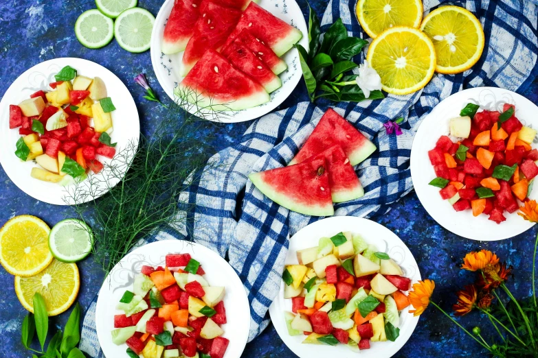 a table topped with white plates filled with fruit, by Julia Pishtar, pexels contest winner, watermelon, campy and colorful, salad, listing image