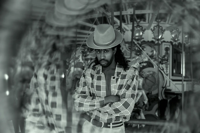 a black and white photo of a man in a hat, a black and white photo, by Felix-Kelly, carousel, jamal campbell, cowboys, a black man with long curly hair