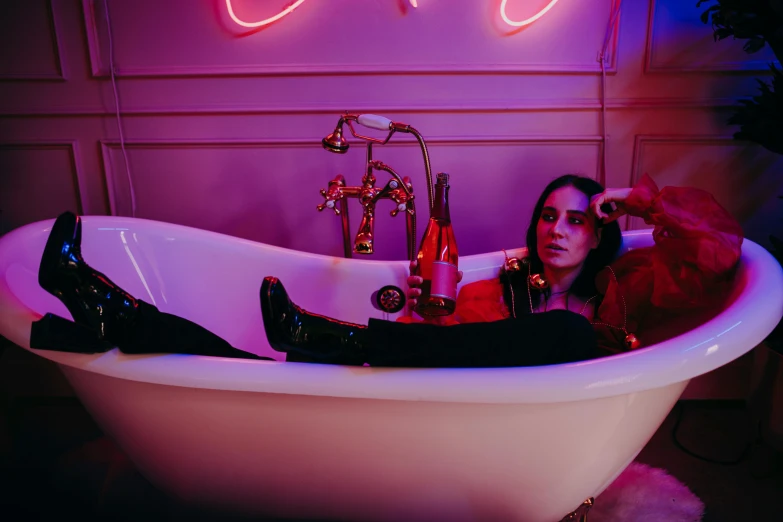a woman sitting in a bathtub with a teddy bear, an album cover, inspired by Elsa Bleda, pexels contest winner, maximalism, neon standup bar, purple and red, brunette, closed limbo room