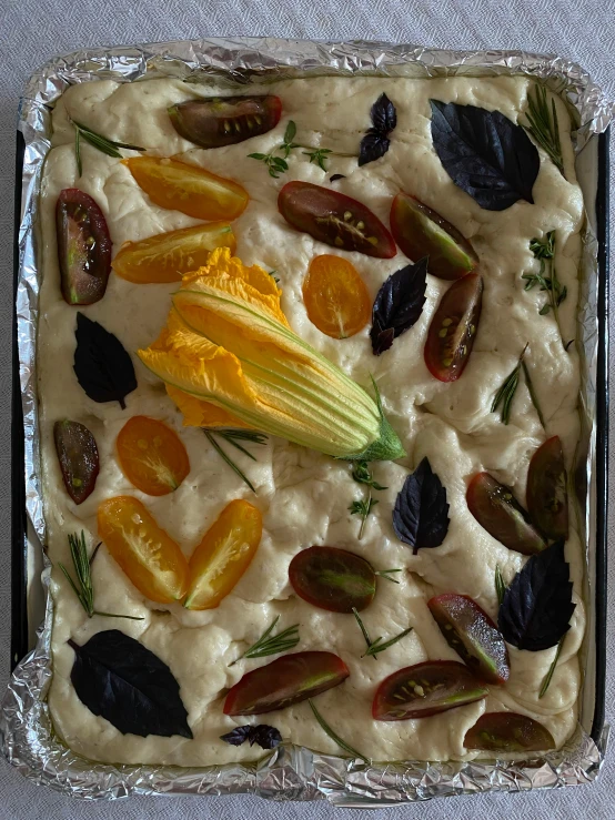 a close up of a tray of food on a table, by Carey Morris, reddit, renaissance, pressed flowers, pizza cosmos, 15081959 21121991 01012000 4k, thumbnail