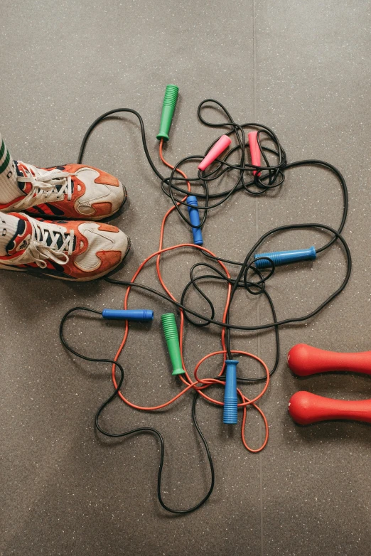 a pair of shoes sitting on top of a floor next to a bunch of wires, wearing fitness gear, multiple stories, sports setting, image