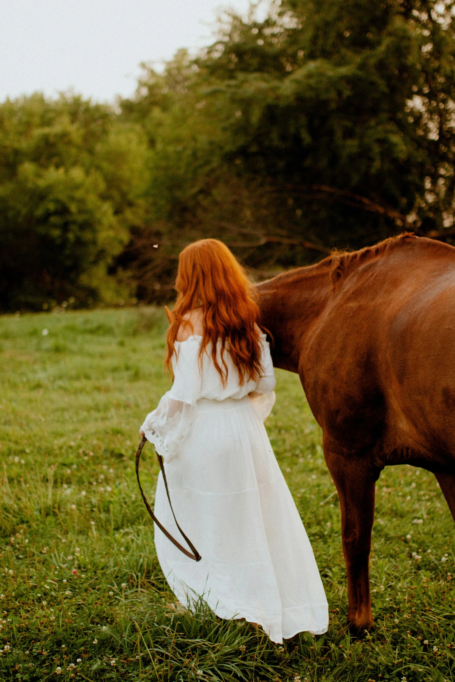 a woman in a white dress standing next to a brown horse, inspired by Edmund Leighton, pexels contest winner, renaissance, wild ginger hair, wedding, grazing, ( redhead