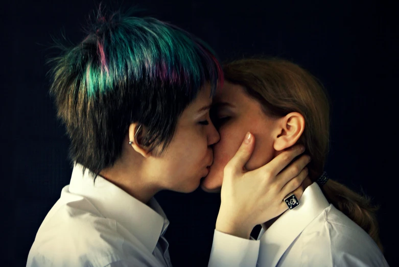 a couple of people that are kissing each other, inspired by Elsa Bleda, pexels, antipodeans, lesbian, profile image, yukio - e, colored