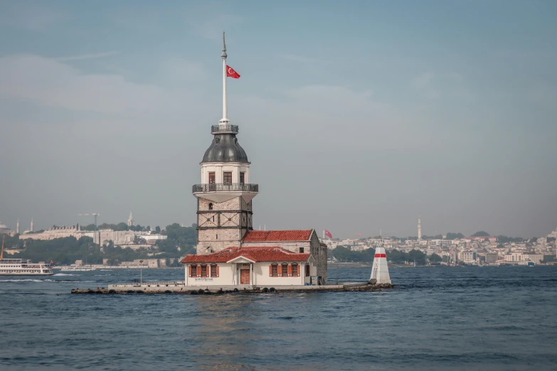 a lighthouse in the middle of a body of water, a colorized photo, by Niyazi Selimoglu, pexels contest winner, hurufiyya, white marble buildings, ottoman sultan, a wooden, youtube thumbnail