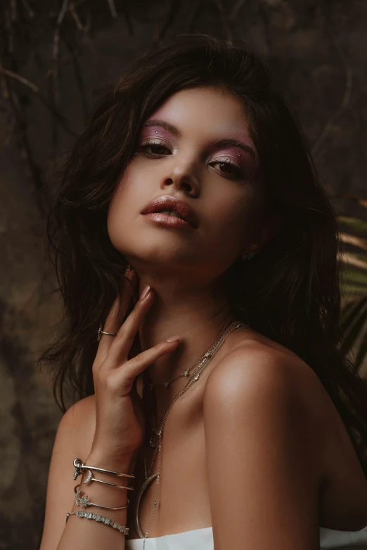 a woman in a white dress posing for a picture, an album cover, inspired by Elsa Bleda, trending on pexels, renaissance, gorgeous latina face, jewelry, violet myers, selena gomez