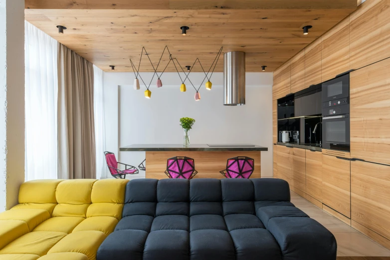 a living room filled with furniture and a wooden ceiling, inspired by Bauhaus, unsplash contest winner, minimalism, pink and yellow, neo kyiv, accent lighting, modern rustic”