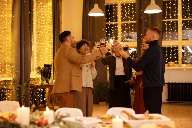 a group of people toasting at a party, pexels contest winner, renaissance, cozy environment, brown, holiday, tall