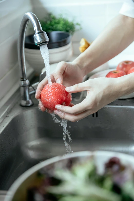 a woman washing strawberries in a kitchen sink, inspired by Elsa Bleda, pexels, process art, gestation inside a watermelon, partially cupping her hands, potato, sparkling water