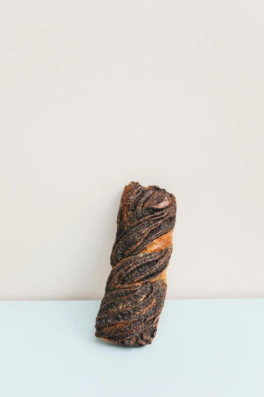 a piece of bread sitting on top of a table, black tendrils, fuji choco, twisted braid, poppy