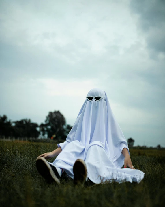 a person in a ghost costume sitting in a field, pexels contest winner, wearing a white bathing cap, lgbtq, shroud, instagram picture