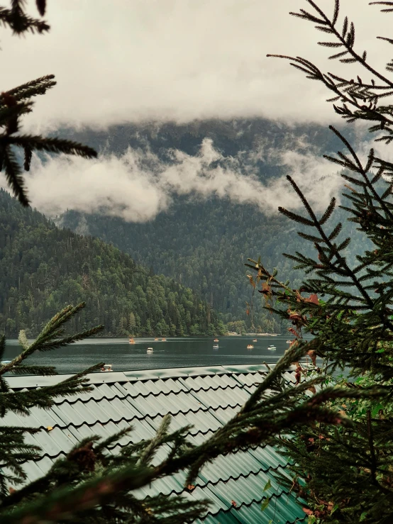 a large body of water surrounded by trees, a picture, inspired by Peter Zumthor, pexels contest winner, sumatraism, overcast!!! cinematic focus, today\'s featured photograph 4k, evergreen valley, ship on lake