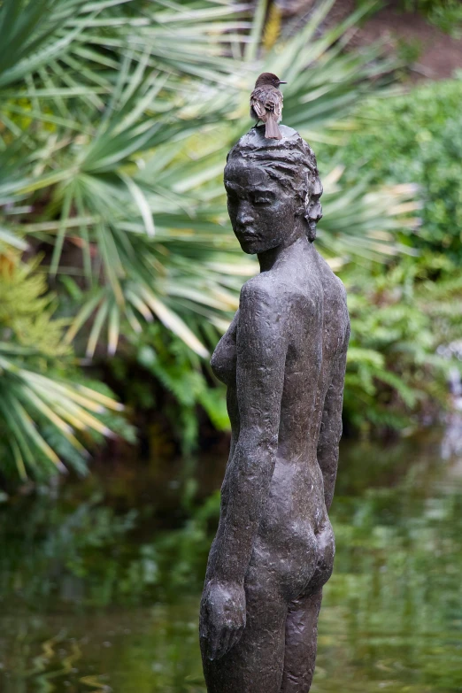 a statue of a woman standing in a pond, inspired by Aristide Maillol, lush surroundings, bare torso