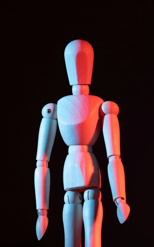 a wooden mannequin standing in front of a black background, by Jesper Knudsen, 15081959 21121991 01012000 4k, toy photo, < full body robot >, movie scene close up