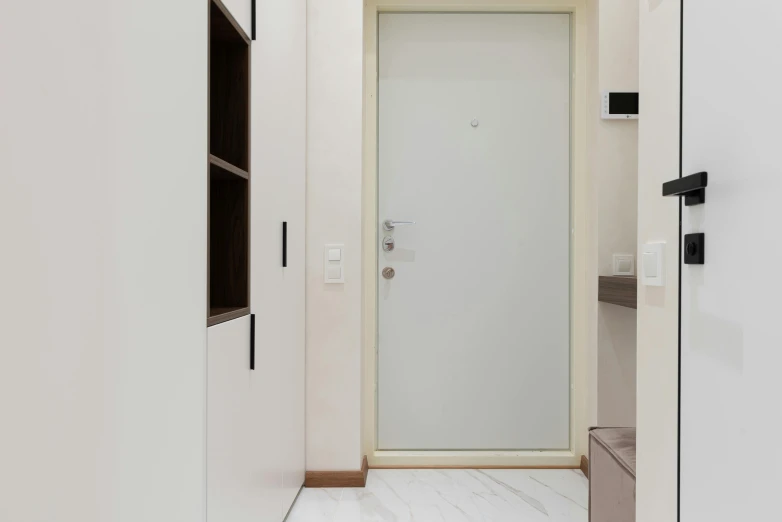 a white door sitting in the middle of a hallway, inspired by Albert Paris Gütersloh, bauhaus, neo kyiv, profile image, white hue, flat grey color