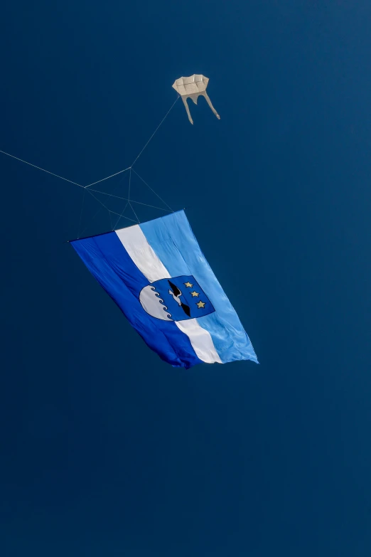 a couple of kites that are flying in the sky, inspired by Julio Larraz, symbolism, cobalt blue, photographed for reuters, argentina presidential rally, high-angle