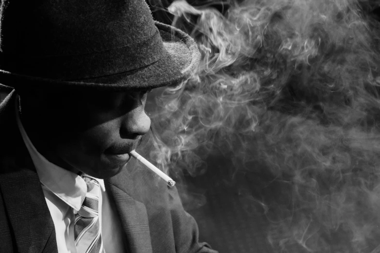 a man in a suit smoking a cigarette, inspired by Gordon Parks, pexels contest winner, harlem renaissance, flowing cloth and smoke, pose 4 of 1 6, deerstalker, waiting to strike