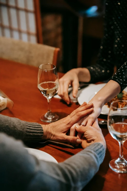 a group of people sitting around a wooden table, holding each other hands, holding glass of wine, dementia, julia sarda