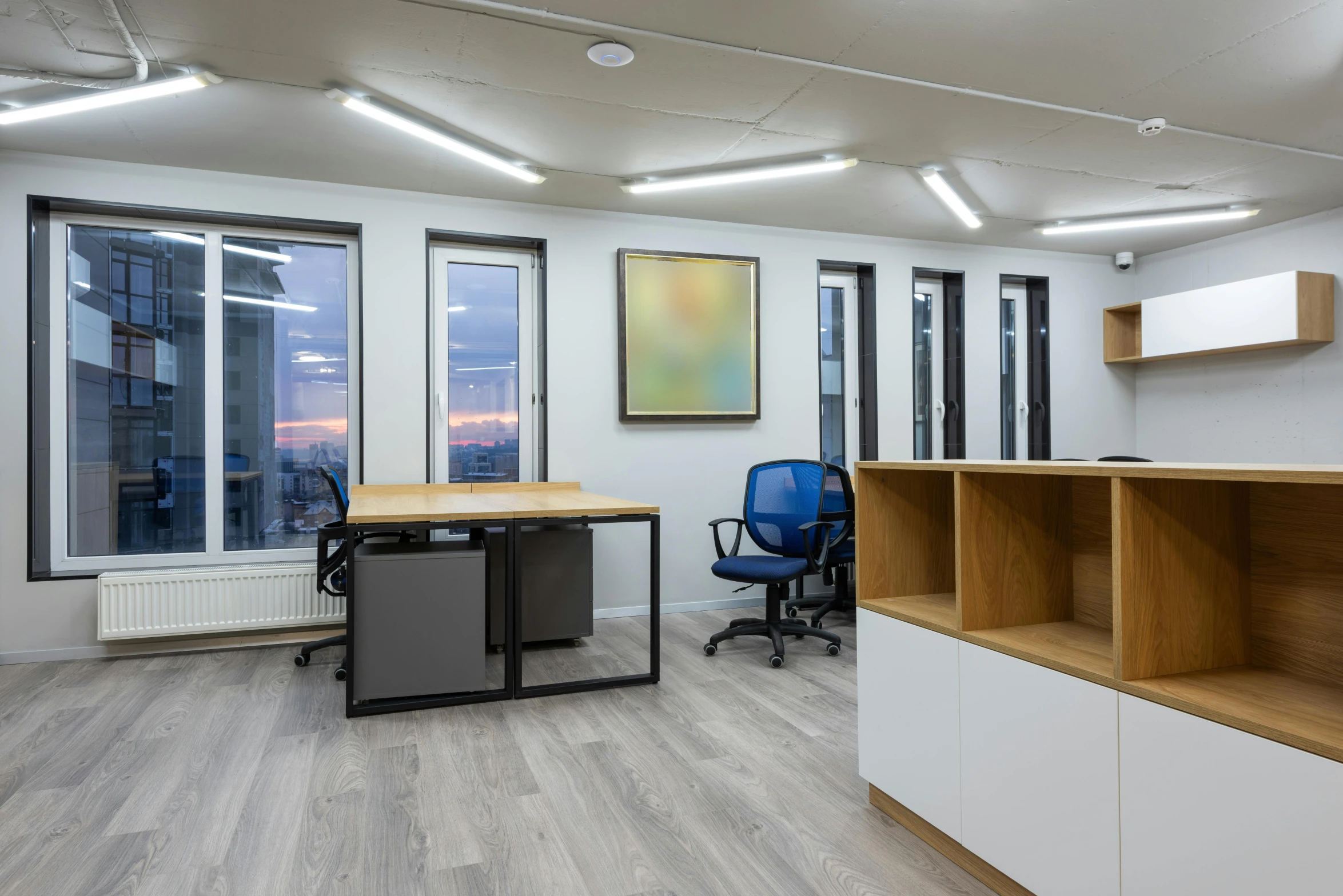 a room with a desk a chair and a window, by Tom Bonson, unsplash, office ceiling panels, interior of a small, thumbnail, big open floor 8 k